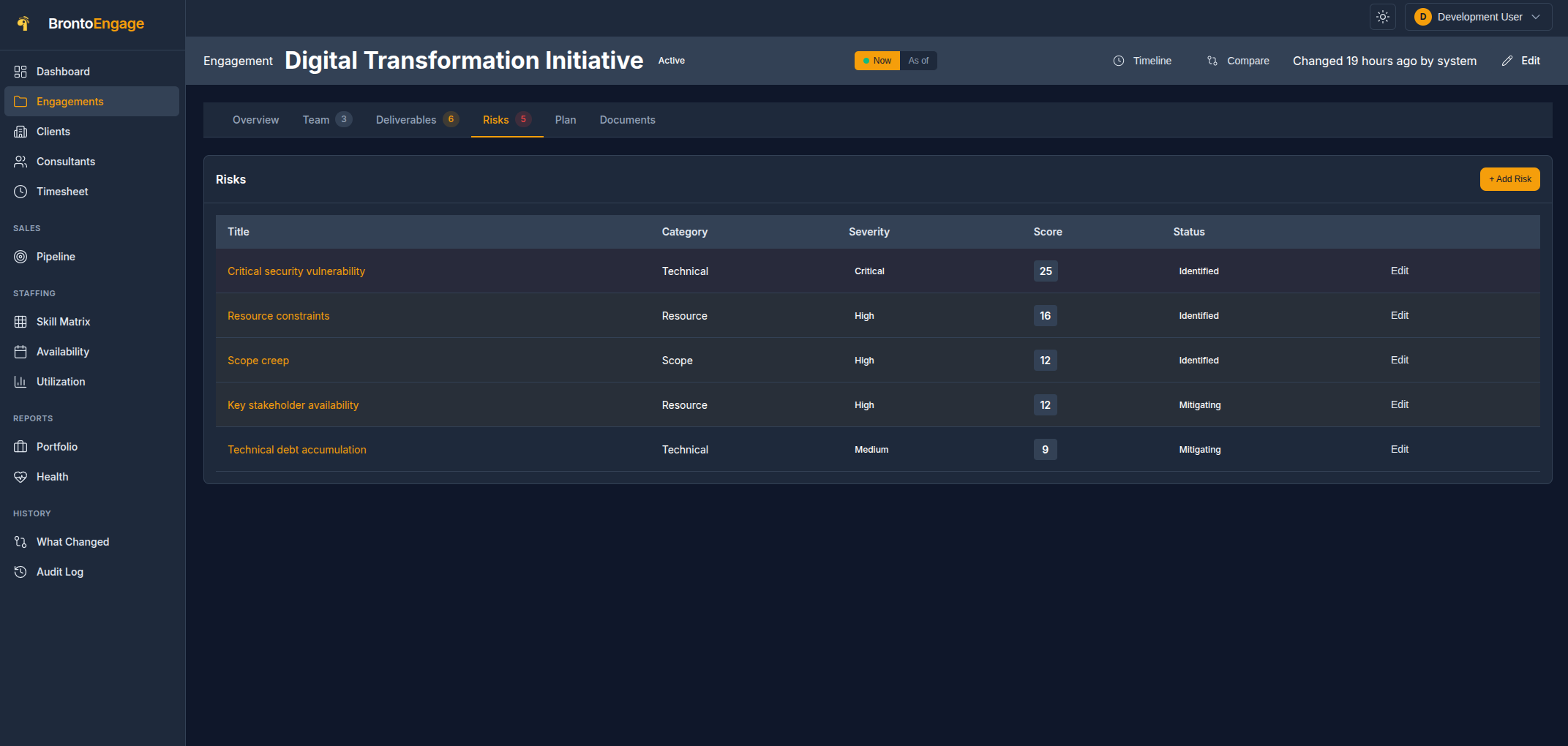 BrontoEngage engagement dashboard showing risk management with scoring, timeline, and audit features